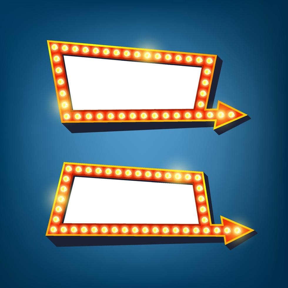 Retro light frames with arrow. Electric bulbs billboard. vector