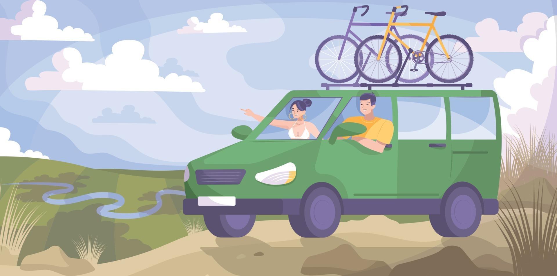 Bike Tourism Car Flat Composition vector