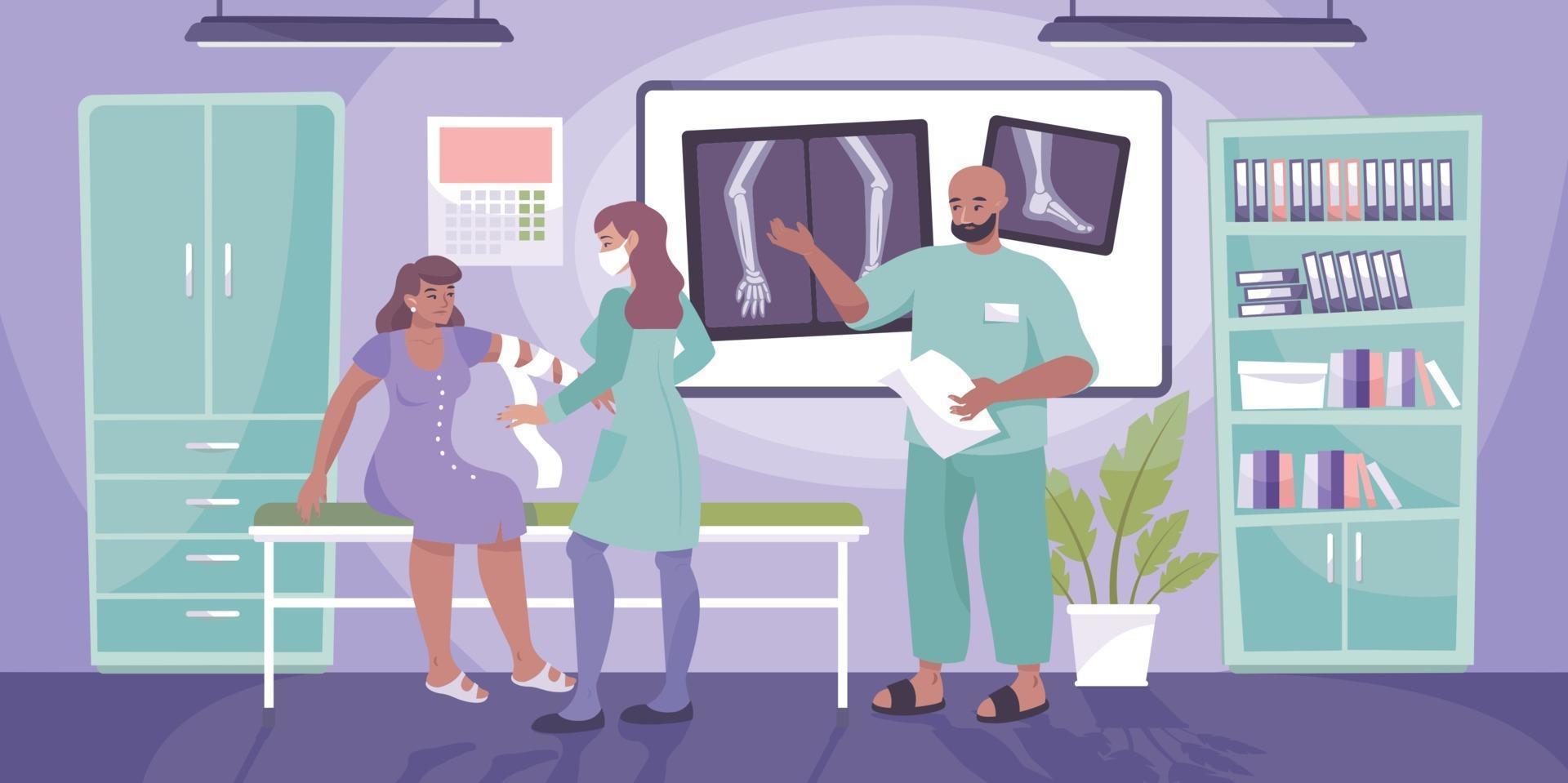 Composición del médico de la clínica de traumatología. vector