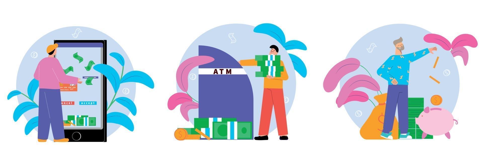 Flat Bank Composition Icon Set vector