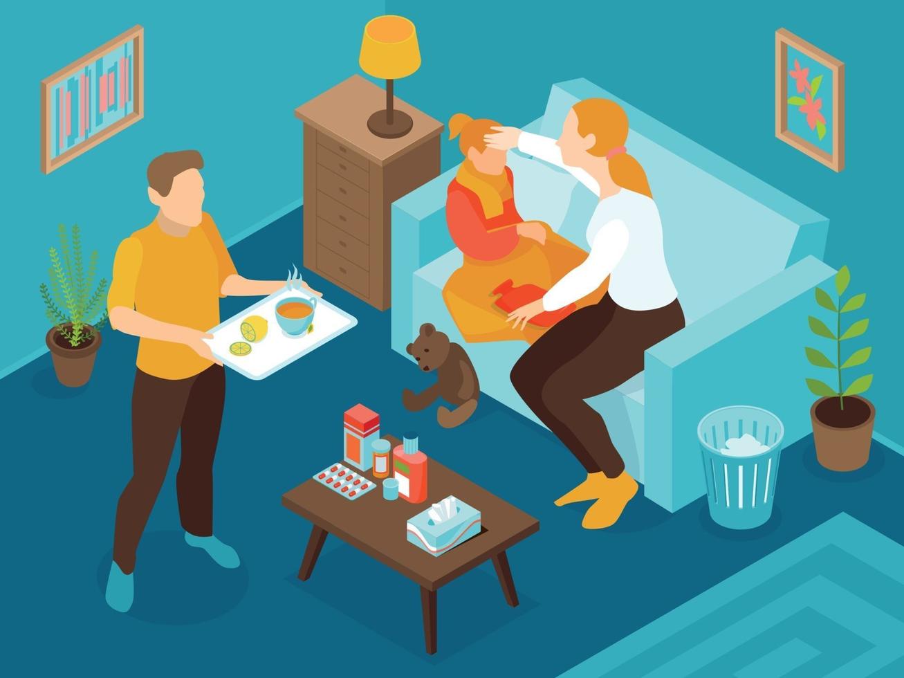 Isometric Cold Flu Virus Composition vector