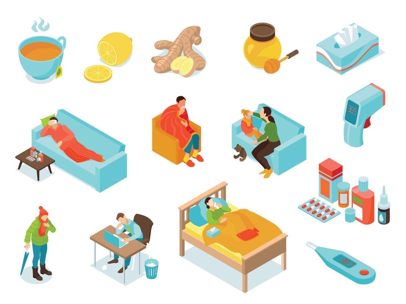 Isometric Cold Flu Virus Icon Set vector