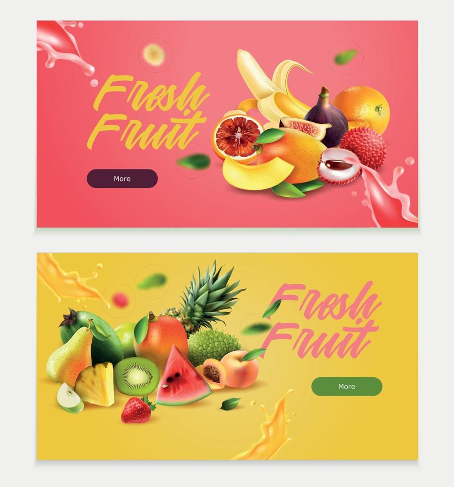 Two Realistic Fruits Horizontal Banner Set vector