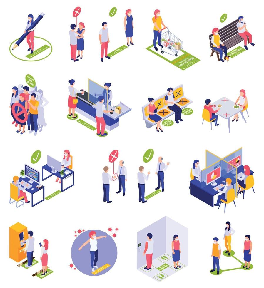 Social Distancing Isometric Icons Set vector