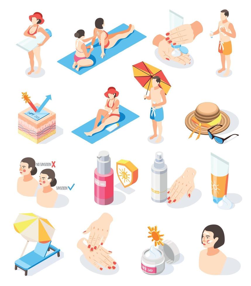 Sun Protection Isometric Icons vector