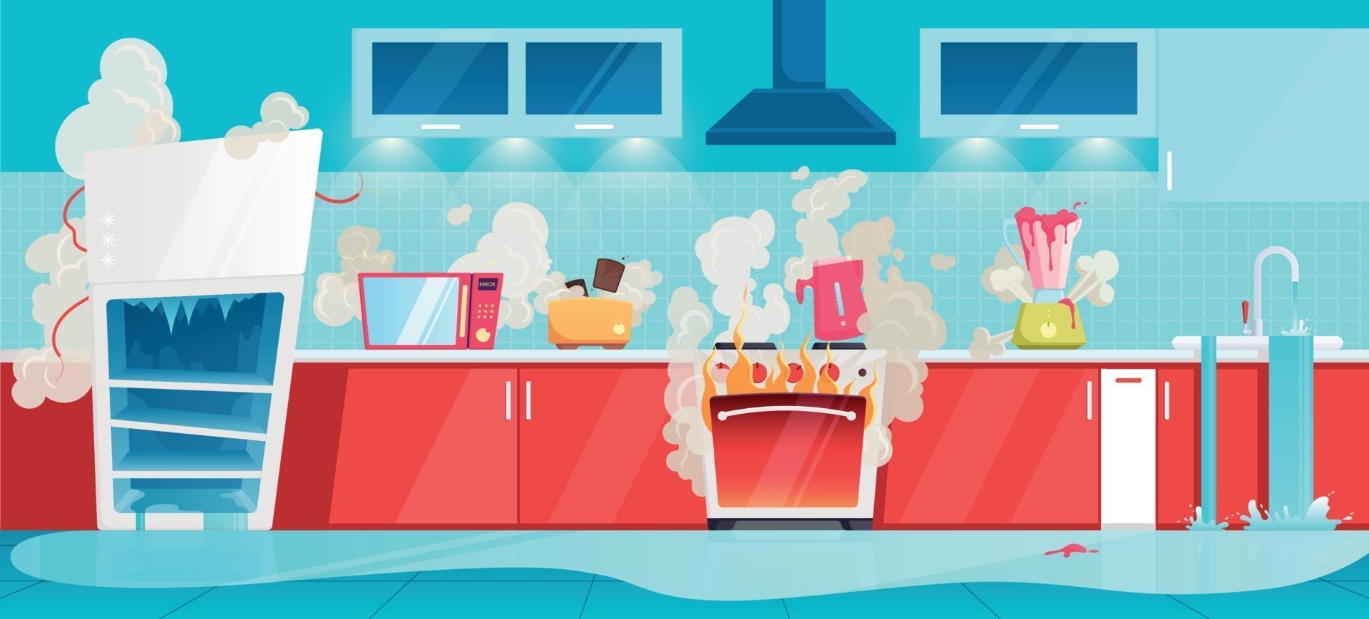 Broken Household Appliances Kitchen Interior Composition vector