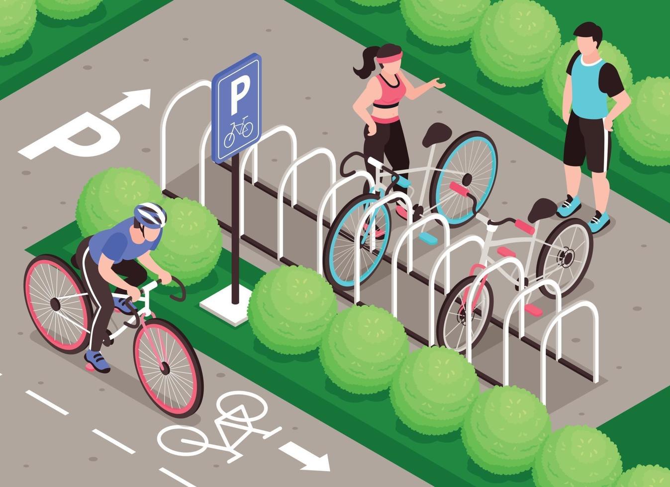 composición isométrica de estacionamiento de bicicletas vector