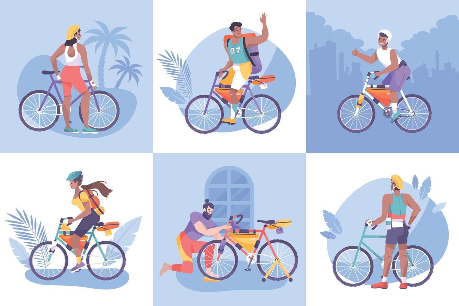 conjunto de iconos de composición de turismo en bicicleta plana vector