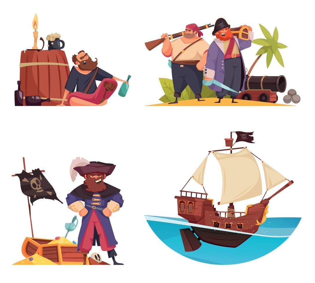 Cartoon Pirate Compositions Set vector