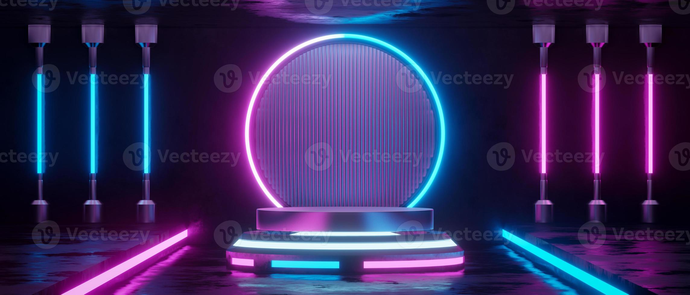 3d rendering neon empty cylinder podium. photo