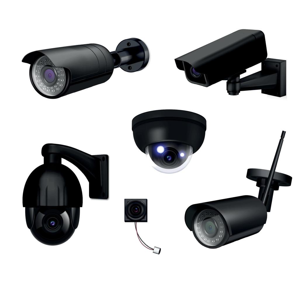 conjunto de iconos realistas de cámaras de seguridad de videovigilancia negra vector