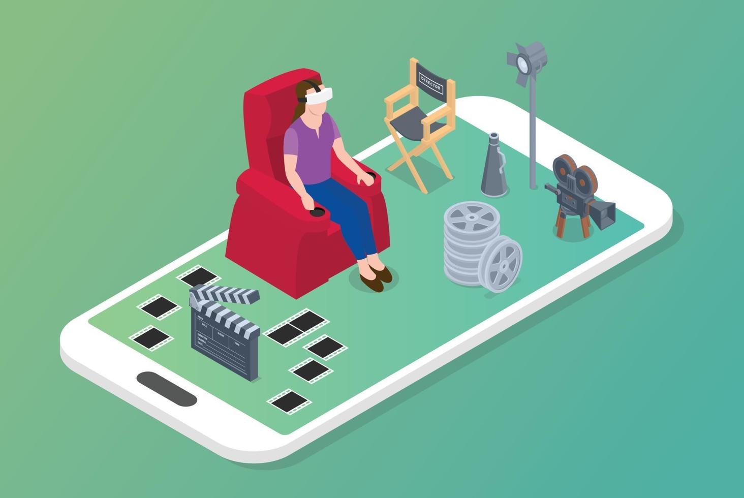 vr virtual reality movies concept with woman sit on chair vector
