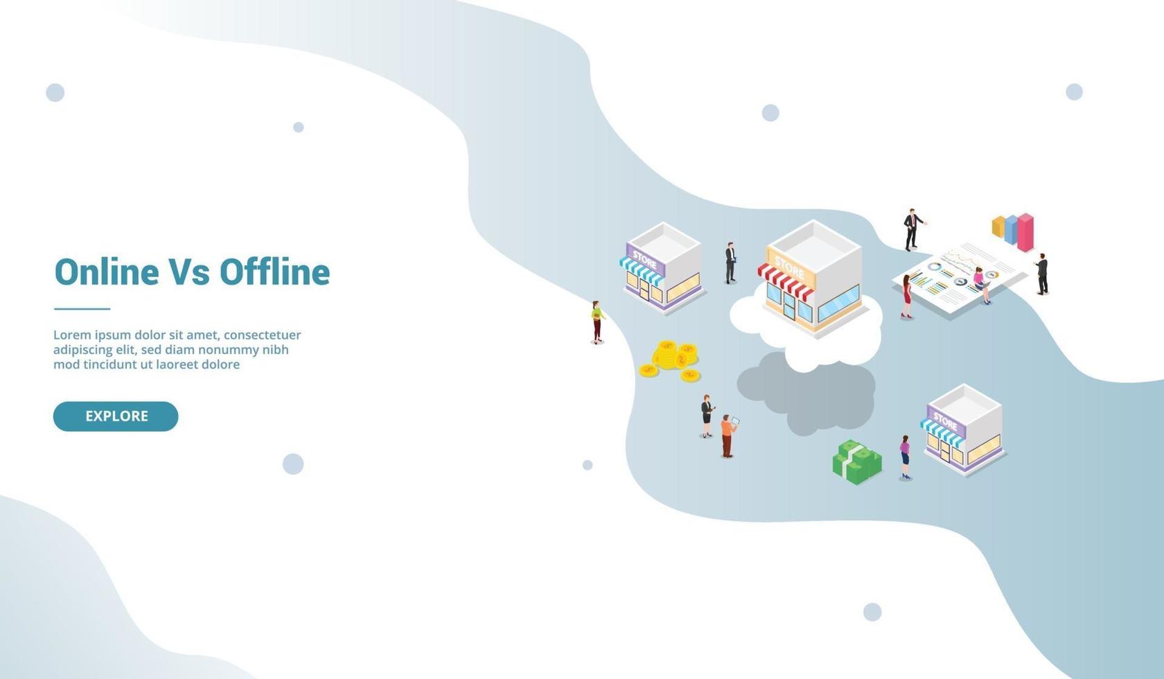 online vs offline store business comparison with modern isometric vector