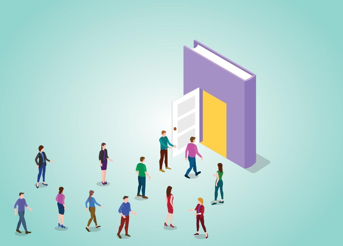 open knowledge concept with people and books and door vector