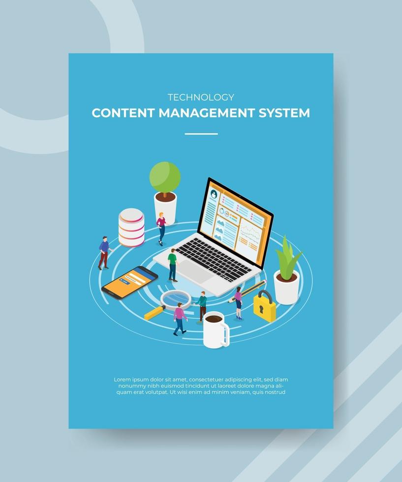 technology content management system people standing front laptop vector