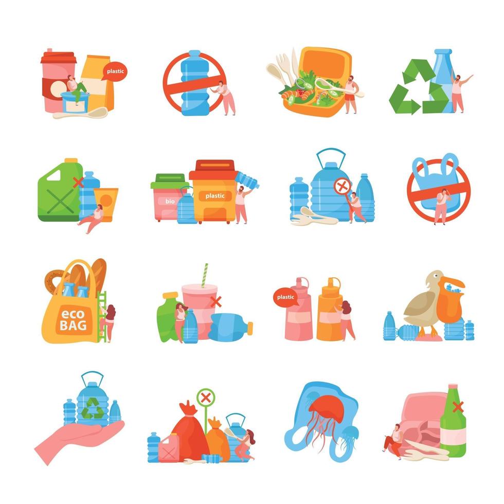 Stop Plastic Flat Icon Set vector