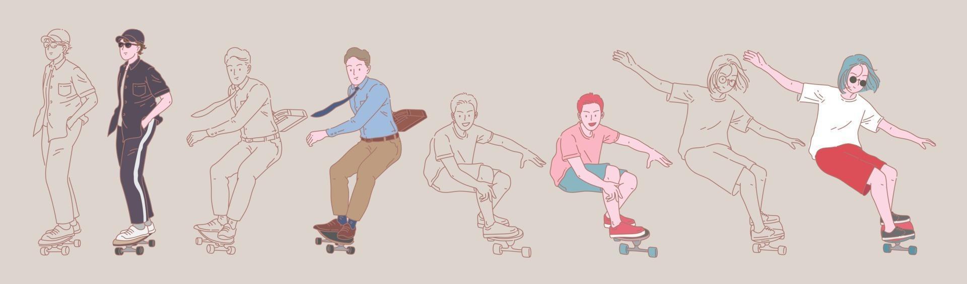 young man surf skate pose flat line art vector. vector