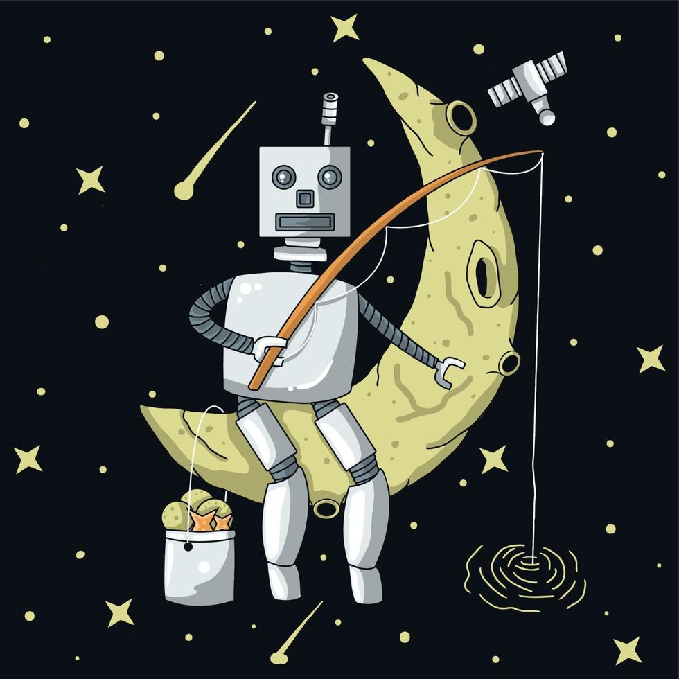Lonely robot fishing on the moon illustration vector