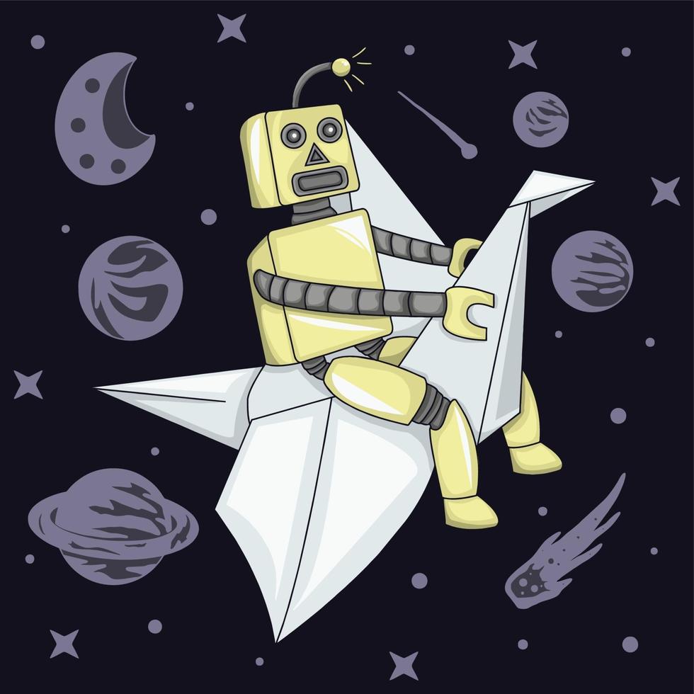 Robot flying using paper airplane in space illustration vector