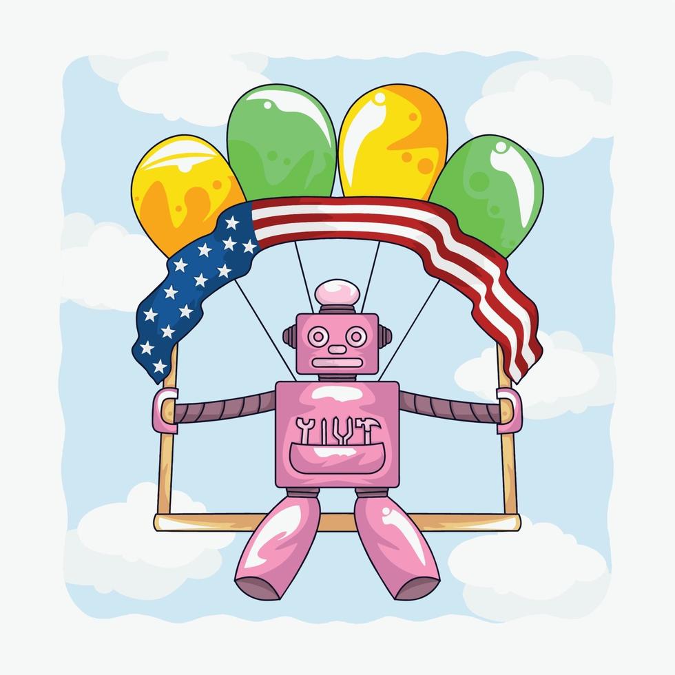 Flying robot character with balloons to celebrate America's birthday vector