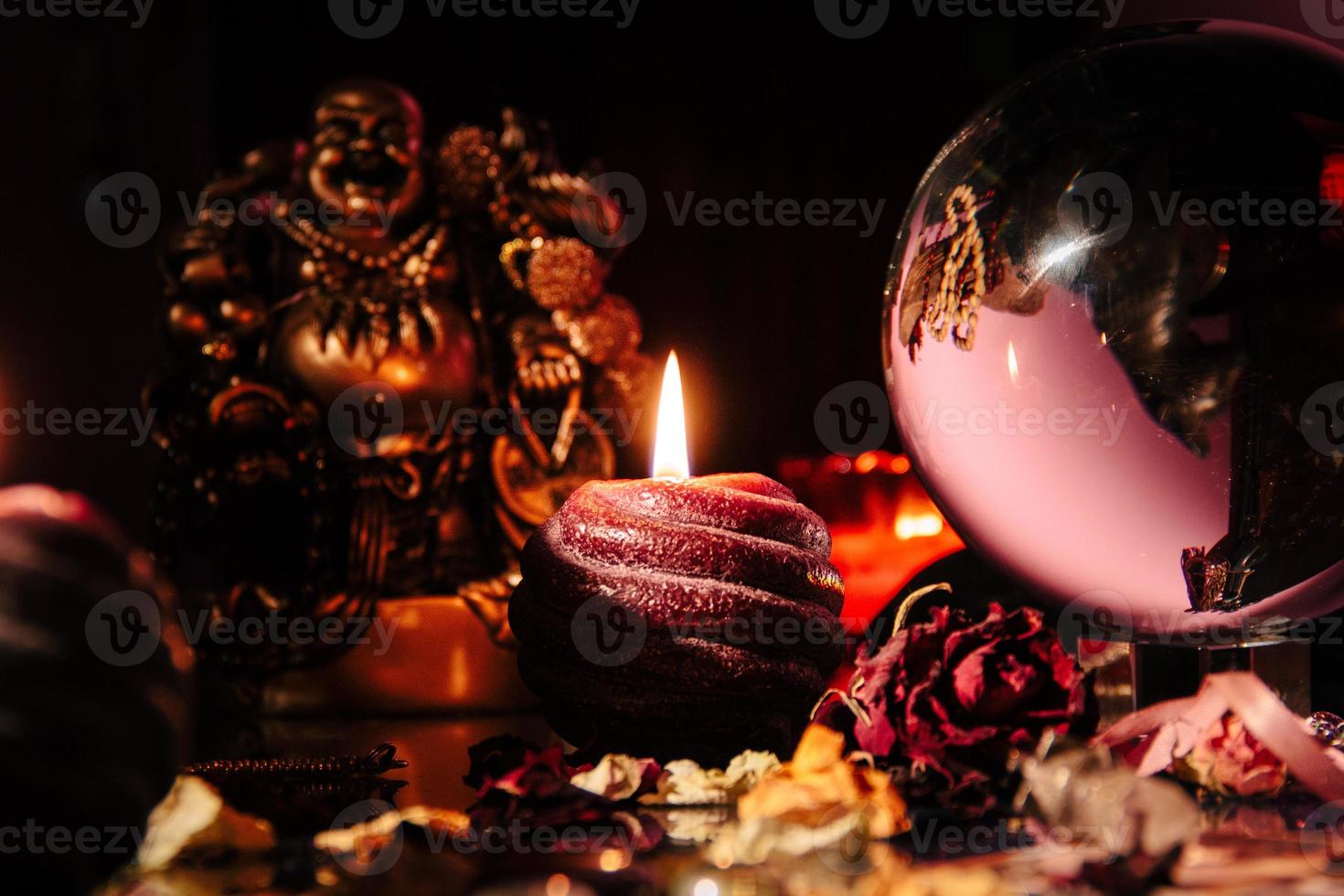 Beautiful crystal orb in a fortune teller's room. Glass ball. photo