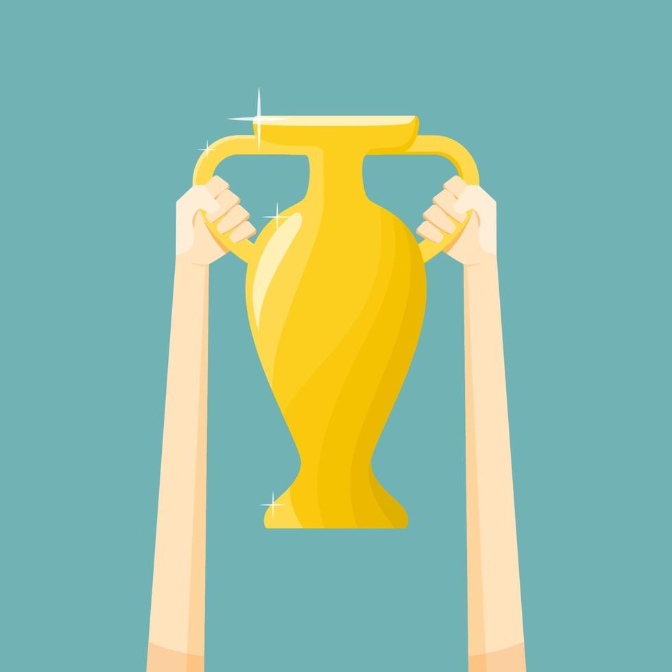 Winner cup, holding the trophy. vector illustration