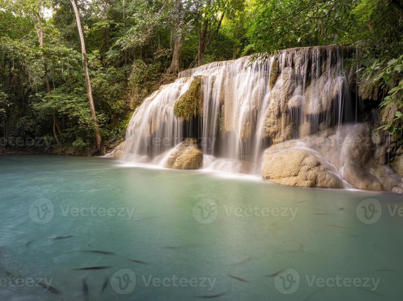 Clean green emerald water from the waterfall Surrounded photo