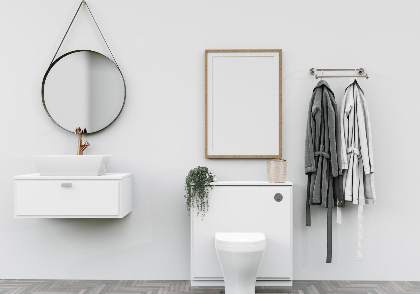Bathroom with washbasin with bathrobes and wall mounted photo frame
