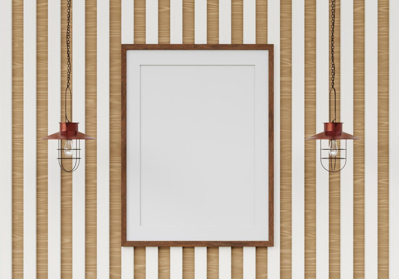 Picture frame on the wall with hanging lamp photo