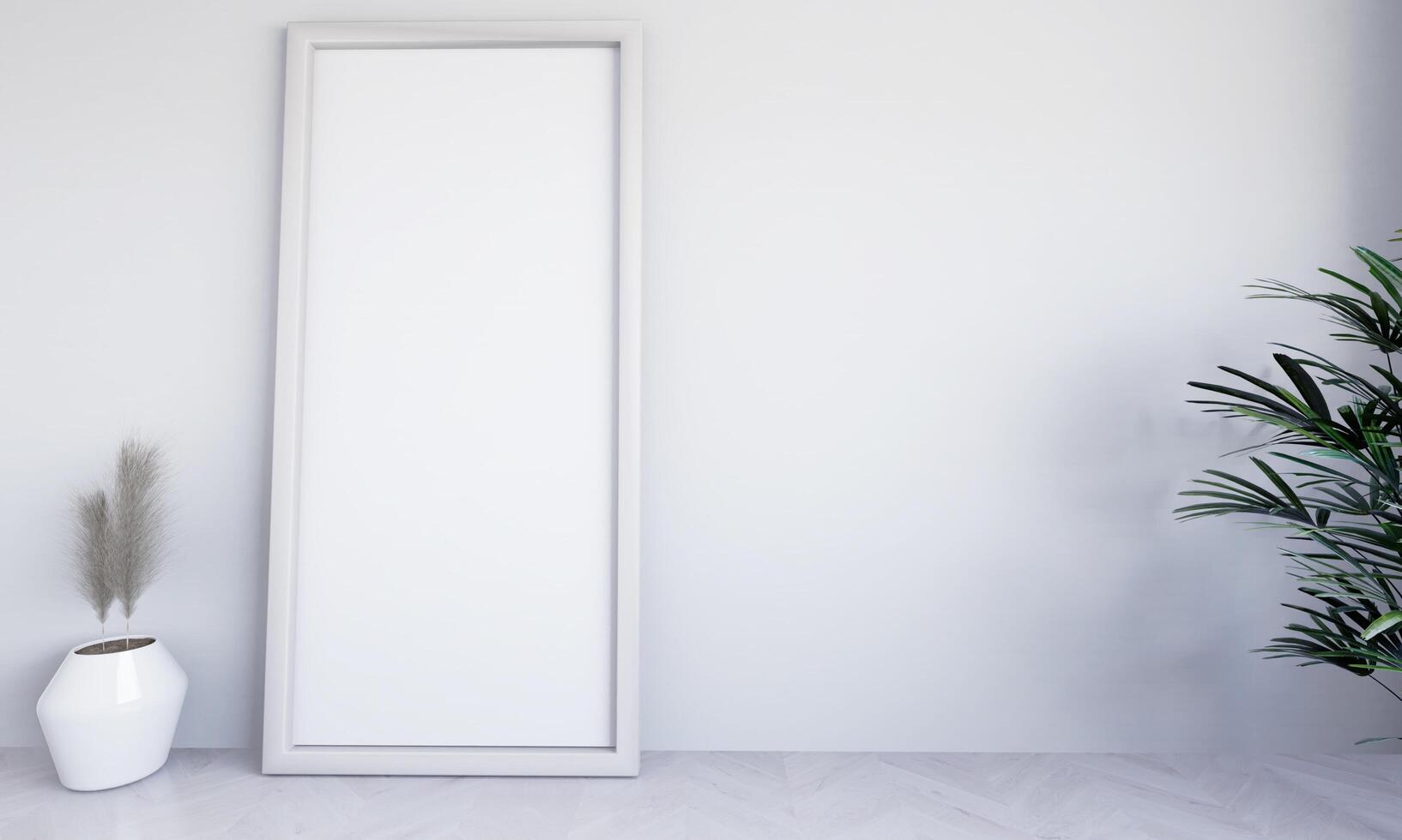 A picture frame on the floor with a flower vase. photo