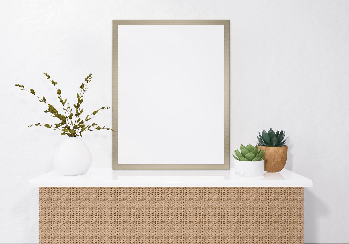 Picture frames with plant pots adorn the living room. photo