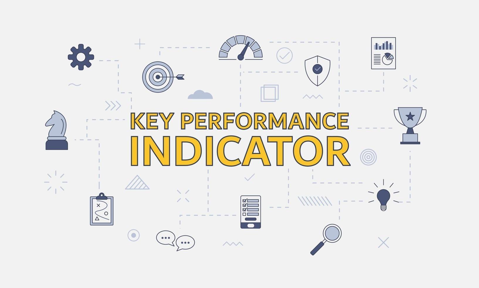 Concepto de indicador clave de rendimiento de kpi con conjunto de iconos con palabra grande vector