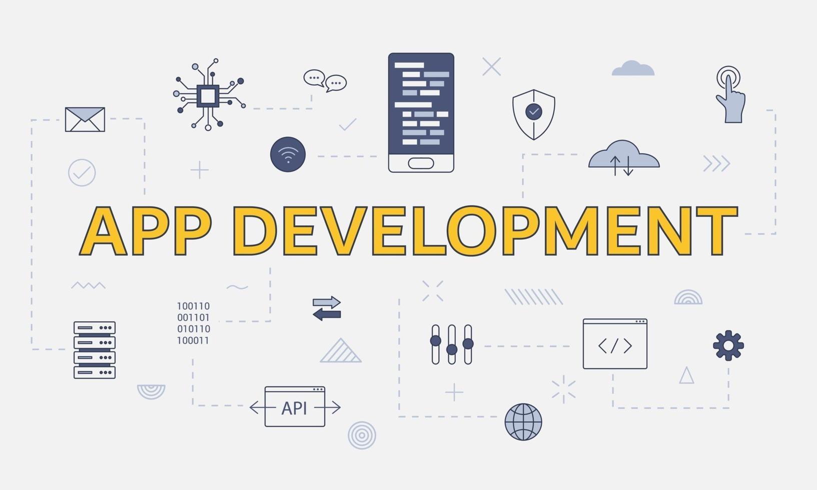 mobile app development concept with icon set with big word vector