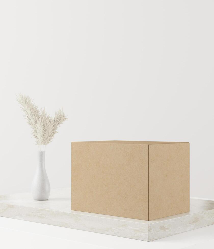 Box and vase of flowers placed on a wooden plinth photo