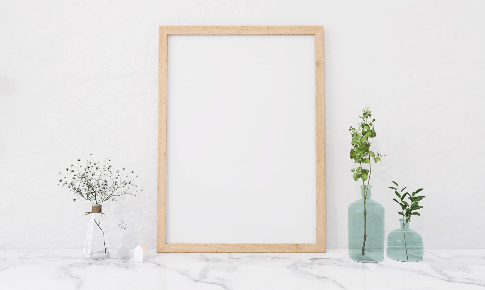 Picture frames with plant pots adorn the living room. photo