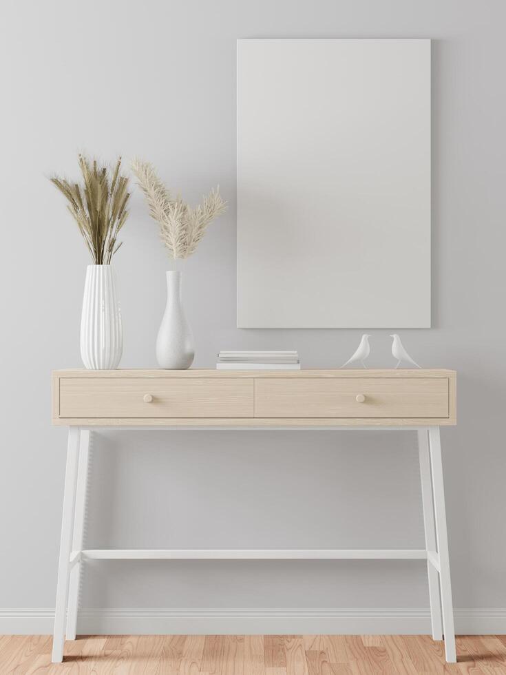 The living room is decorated with a storage table and picture. photo