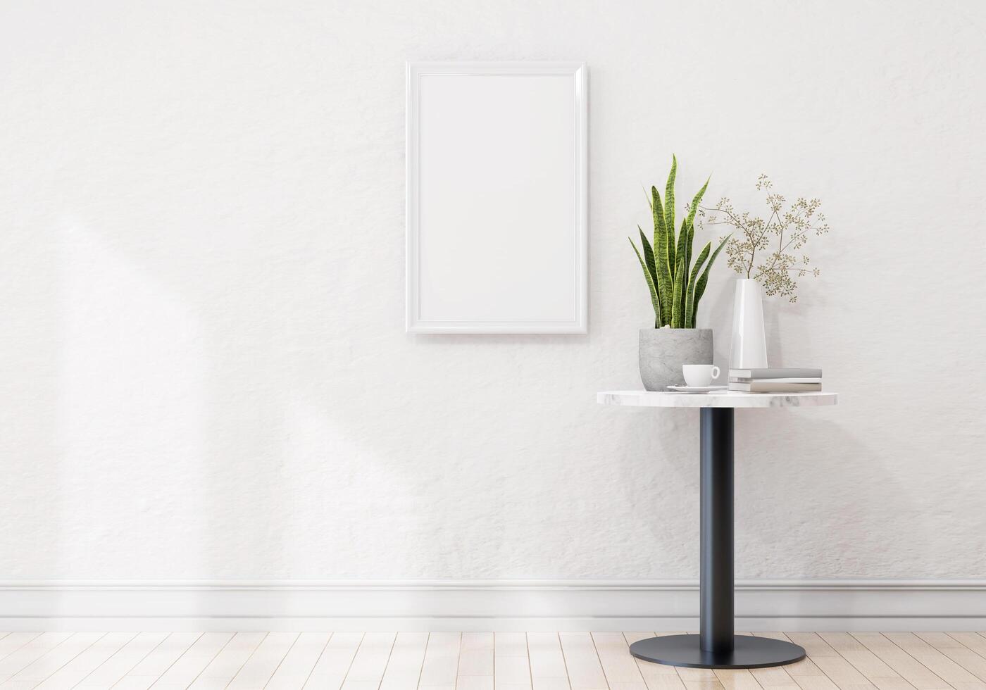 Picture frames with plant pots adorn the living room. photo