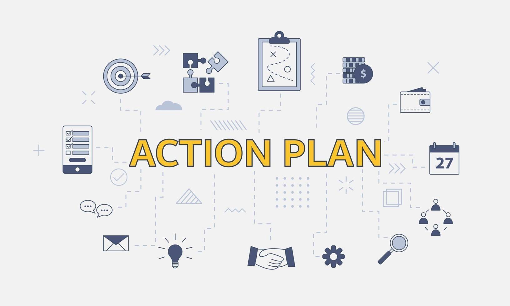 business action plan concept with icon set with big word vector