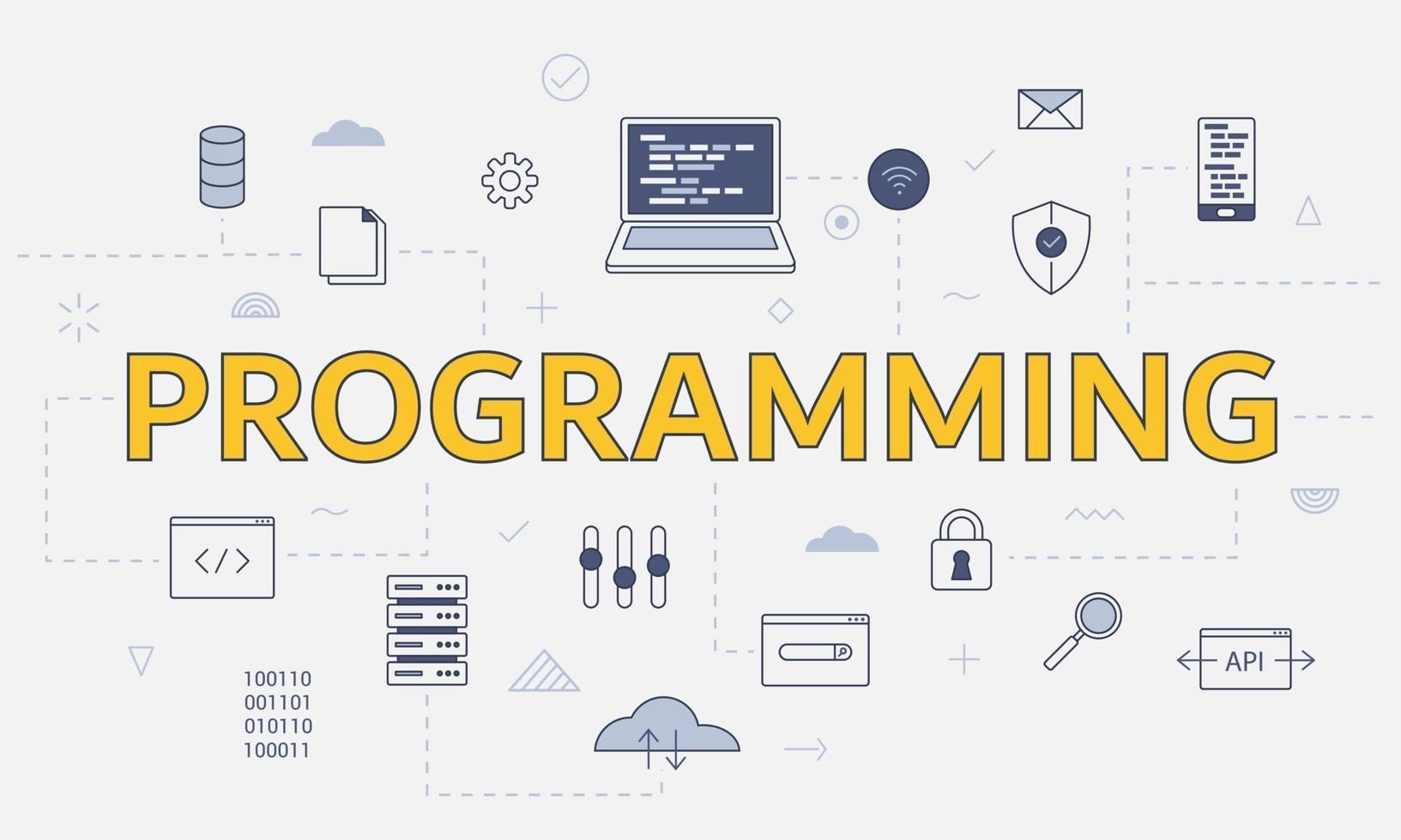 concepto de programación con conjunto de iconos con gran palabra o texto en el centro vector