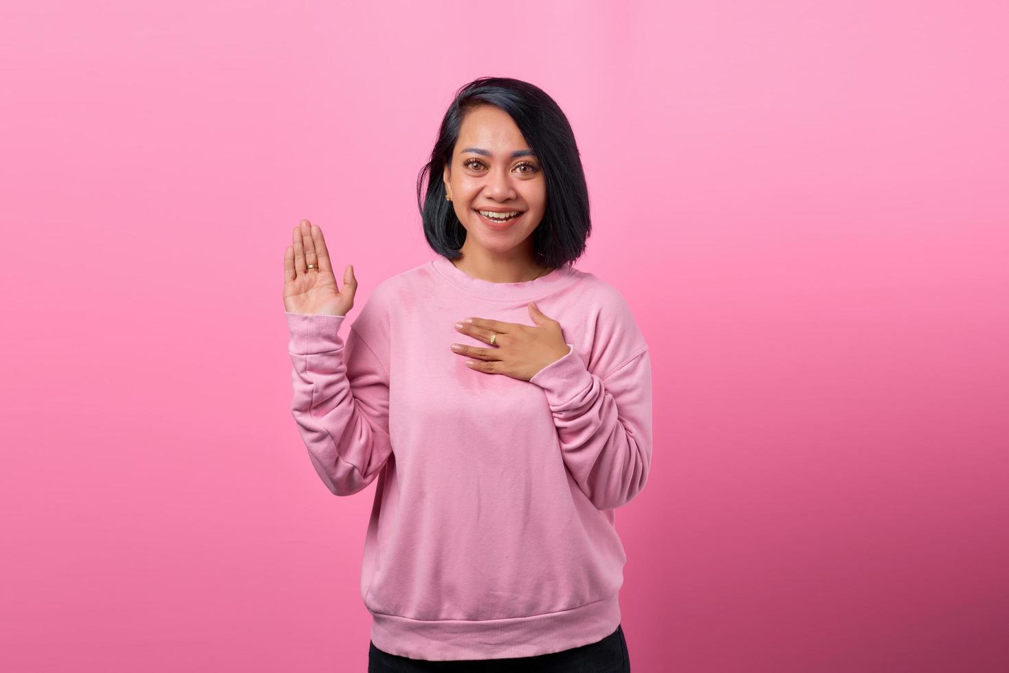 Photo of young woman happy positive smile hand on chest