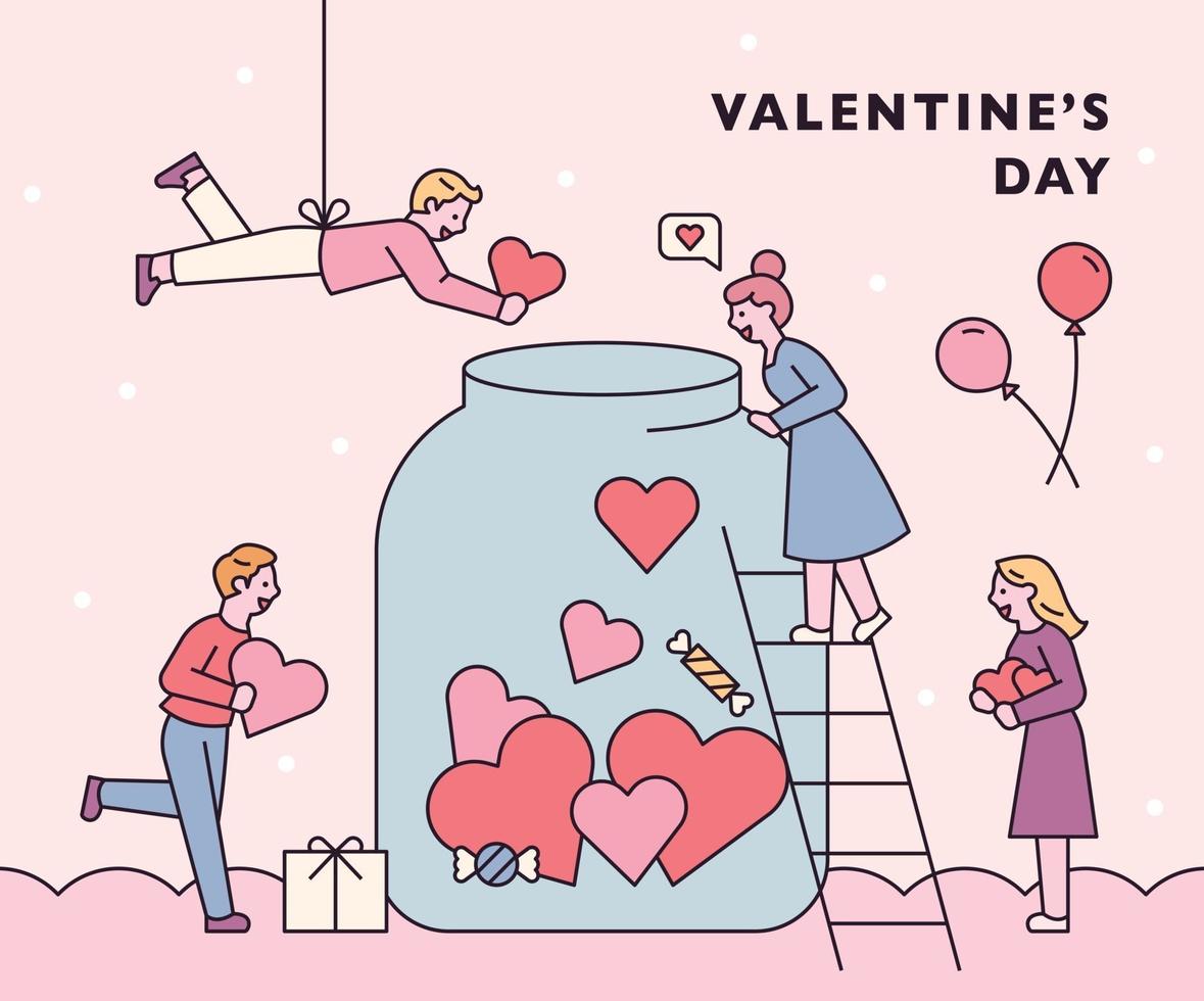 People are collecting love in a large glass bottle. vector