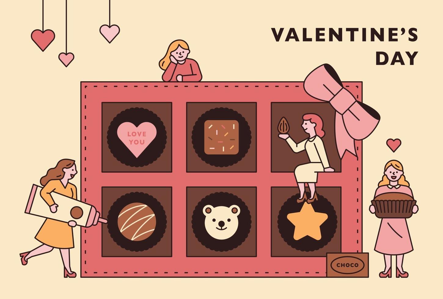 Girls around a huge box of chocolates. vector