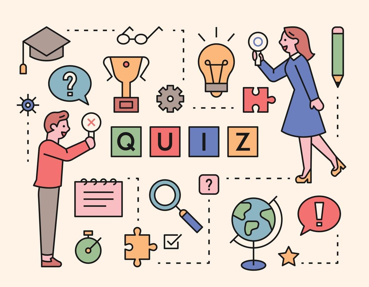Characters solving quiz problems and education icons. vector