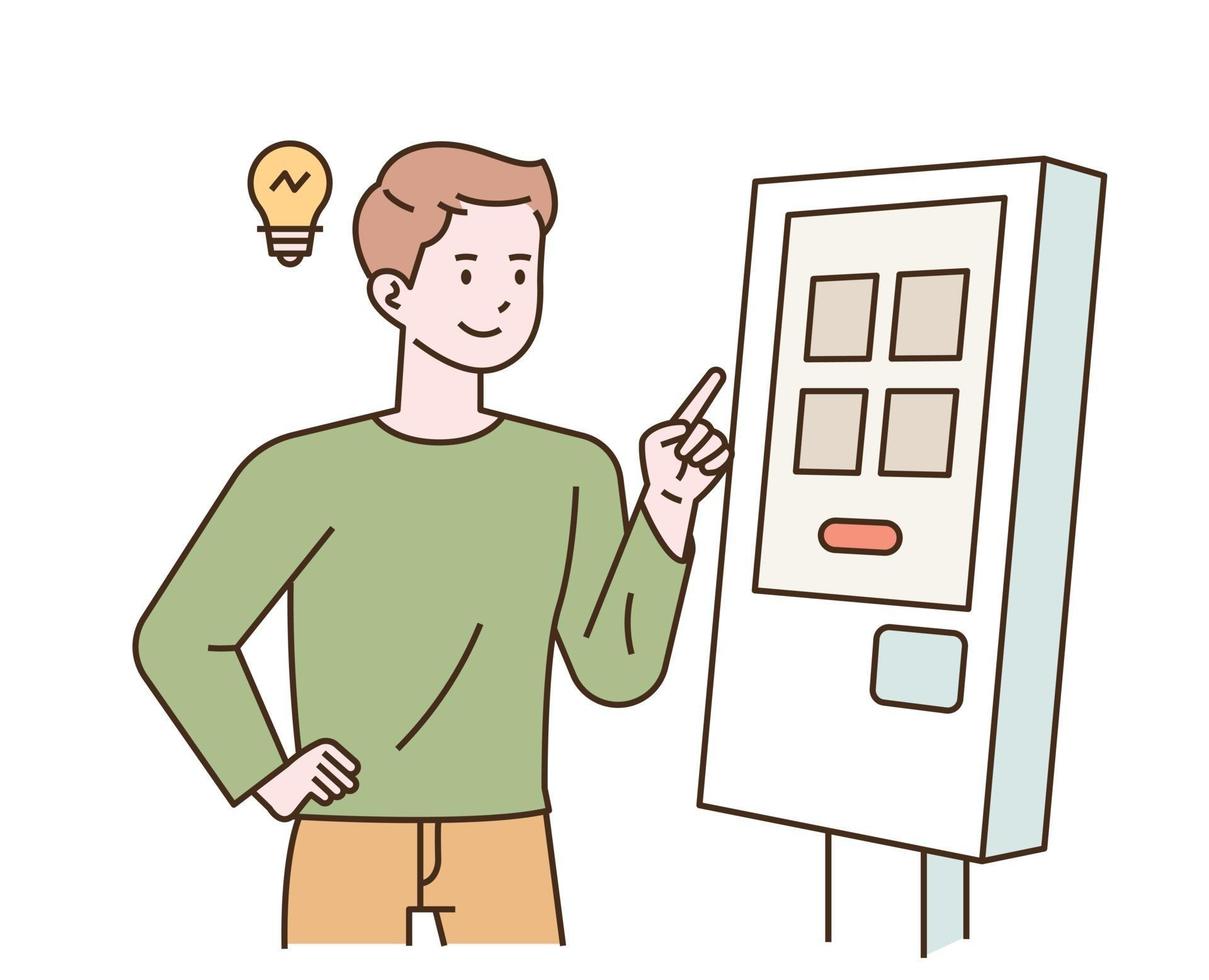 A man is pressing a kiosk button. vector