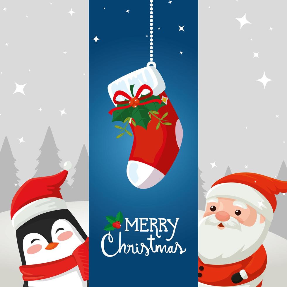 merry christmas poster with sock hanging icons vector