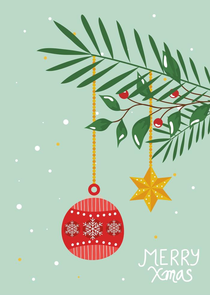 merry christmas poster with ball hanging and decoration vector