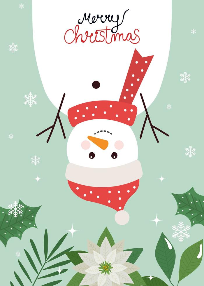 merry christmas poster with snowman and leafs decorative vector