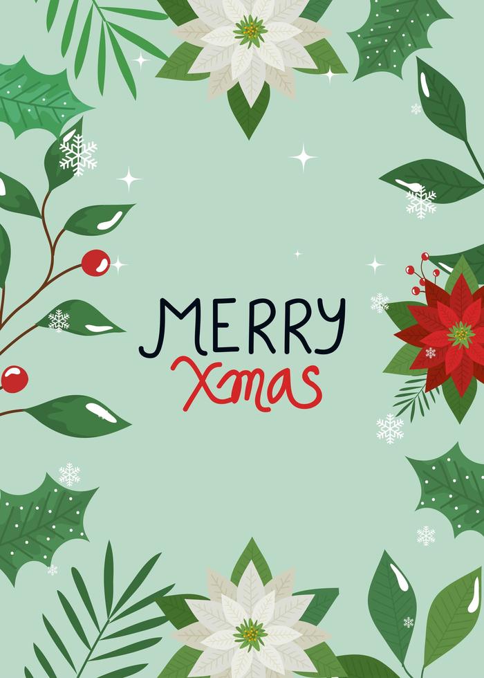 merry christmas poster with frame of flowers and leafs vector