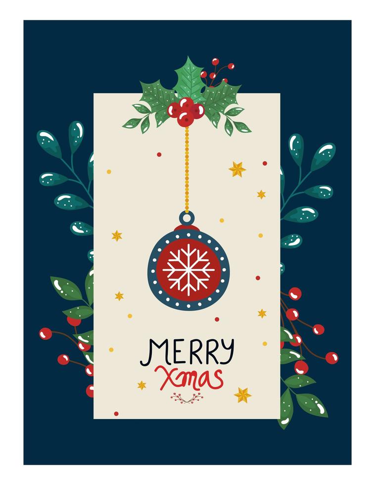 merry christmas poster with ball hanging and leafs decorative vector