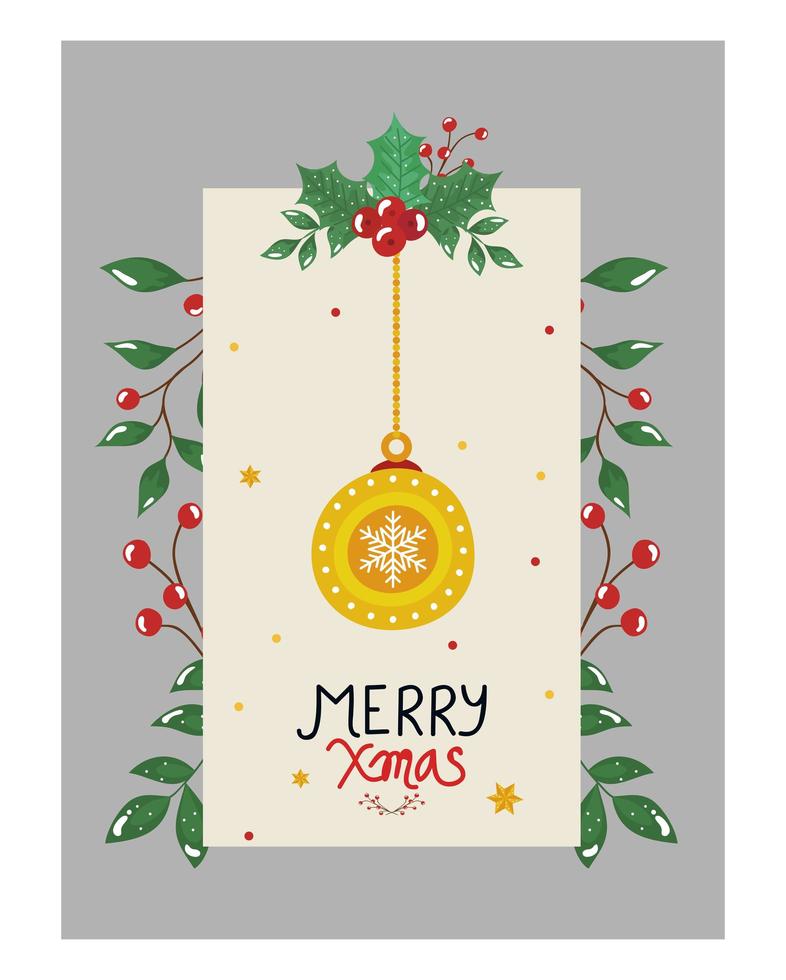 merry christmas poster with ball hanging and leafs decorative vector